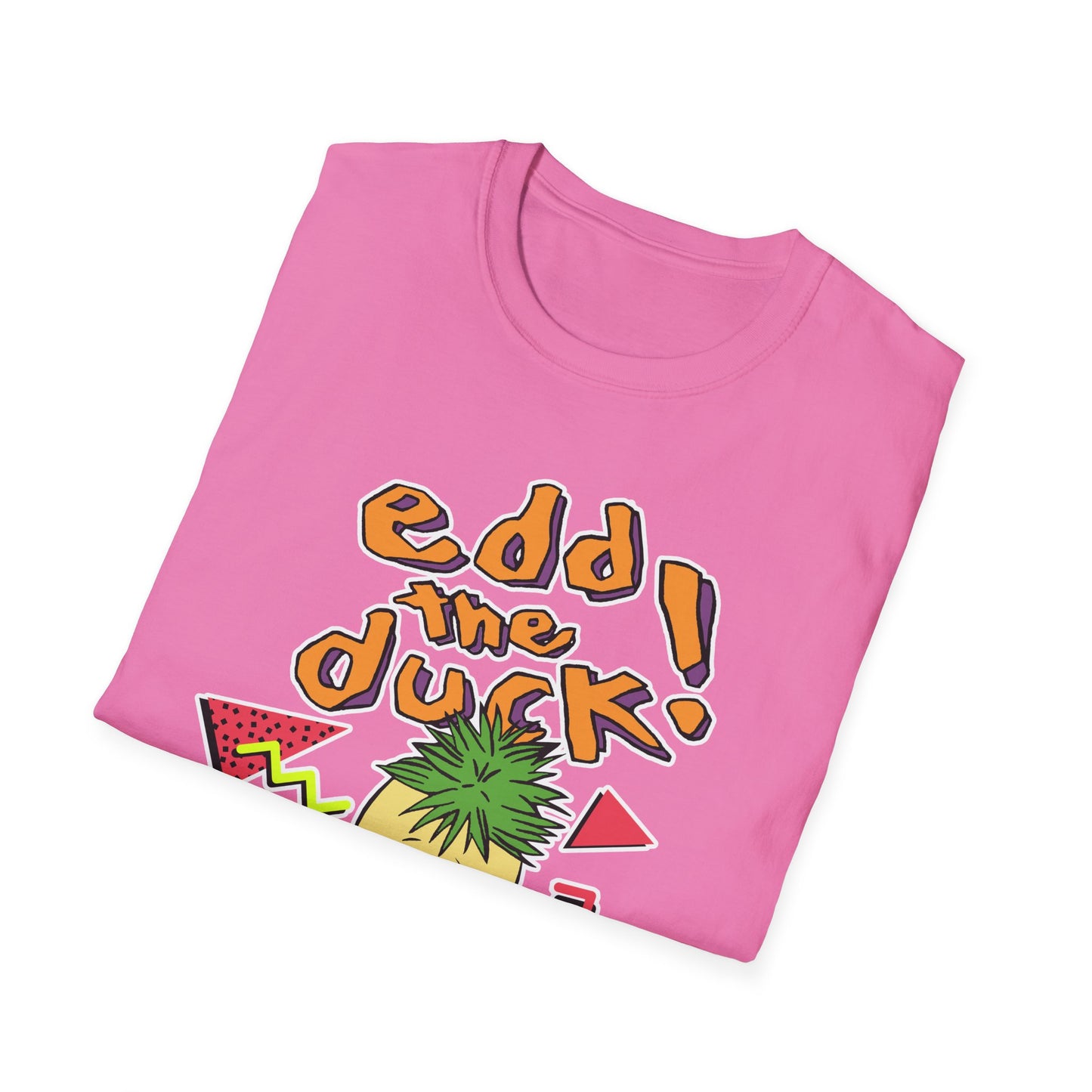 Pink t-shirt with colourful 90s graphics and text