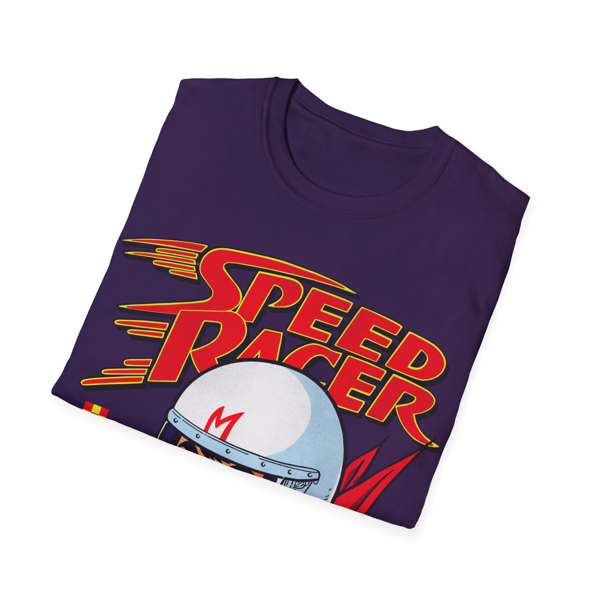 Folded purple t-shirt with 'Speed Racer' graphic design on a white background