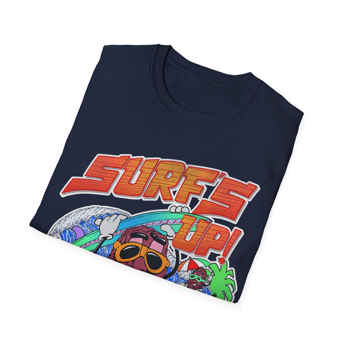 Folded navy blue t-shirt with 'Surf's Up!' graphic design on a white background