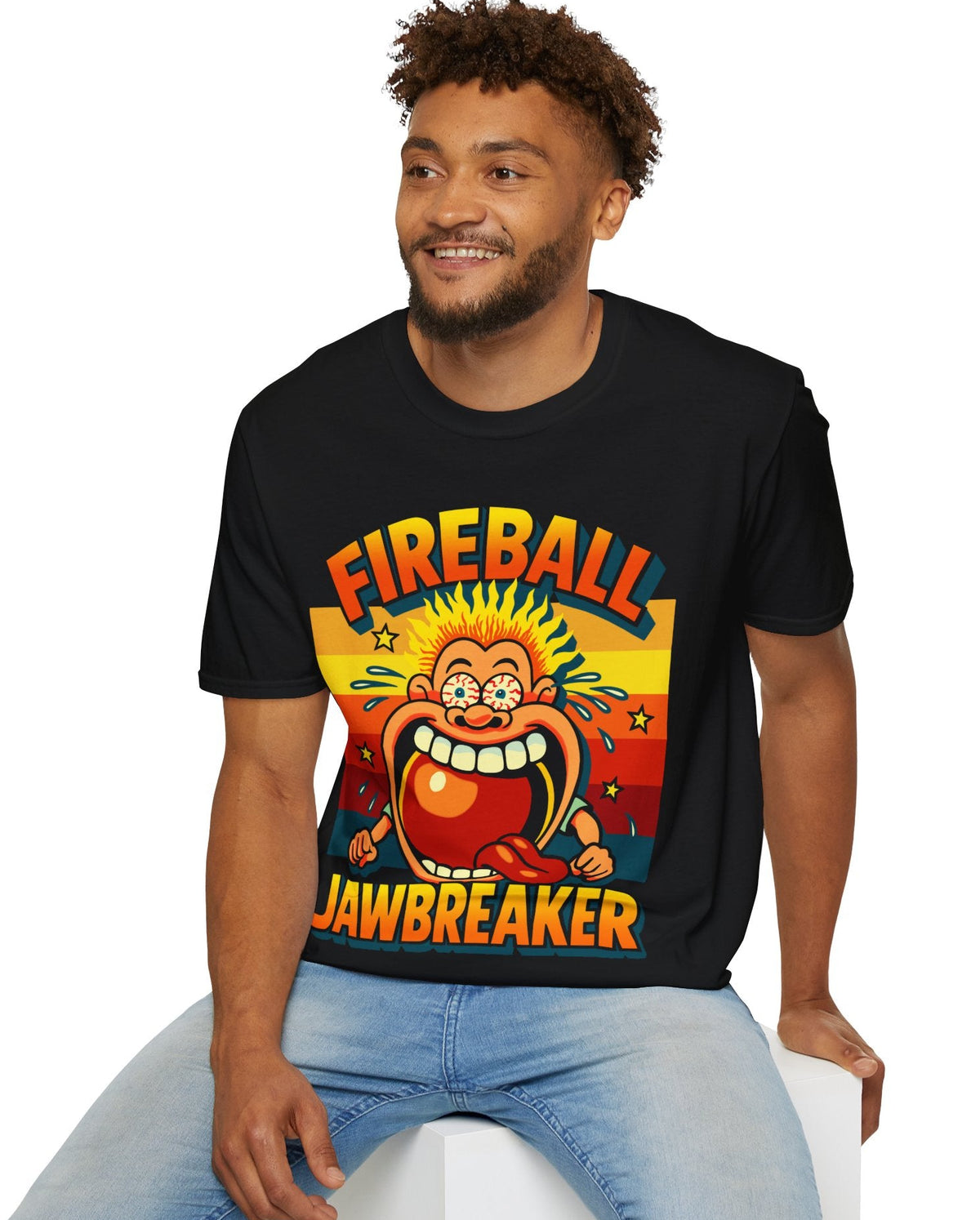 Person wearing a black t-shirt with a colourful 80s sweets graphic design and text Fireball Jawbreaker.