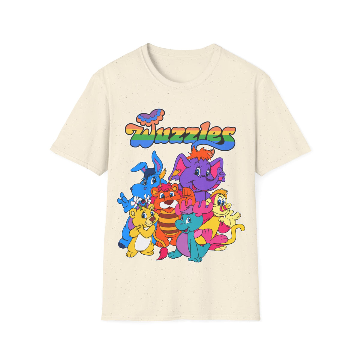 Beige t-shirt with colorful cartoon characters and 'Wuzzles' text on a white background