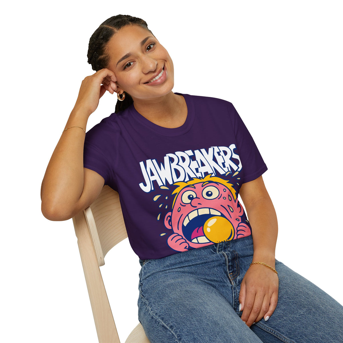 Person wearing a purple 'Jawbreakers' t-shirt with a cartoon character on a white background