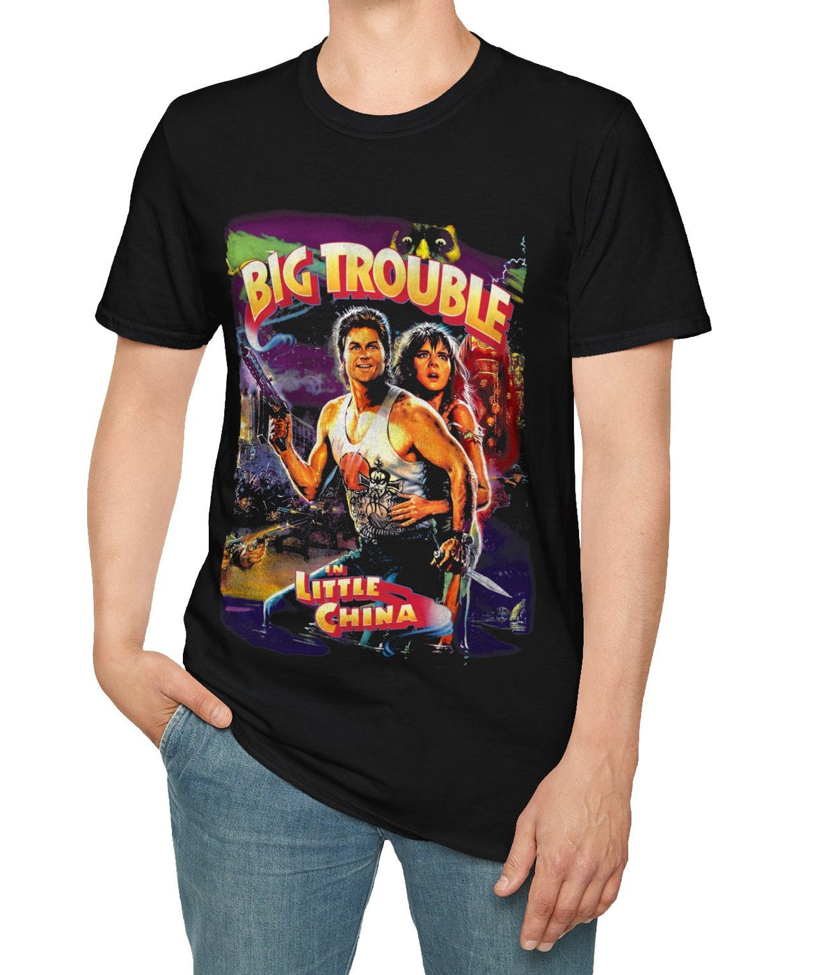 Person wearing a black t-shirt with 'Big Trouble in Little China' graphic design.