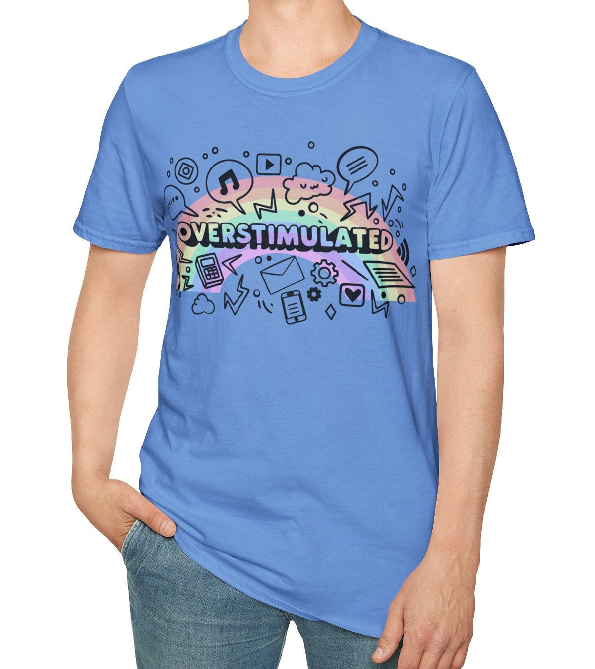Person wearing a blue t-shirt with colorful graphics and text on a white background