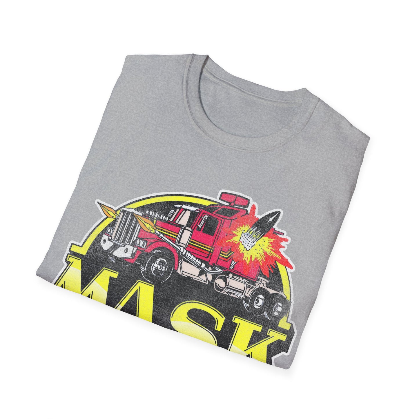 Folded gray t-shirt with a colorful graphic design on a white background