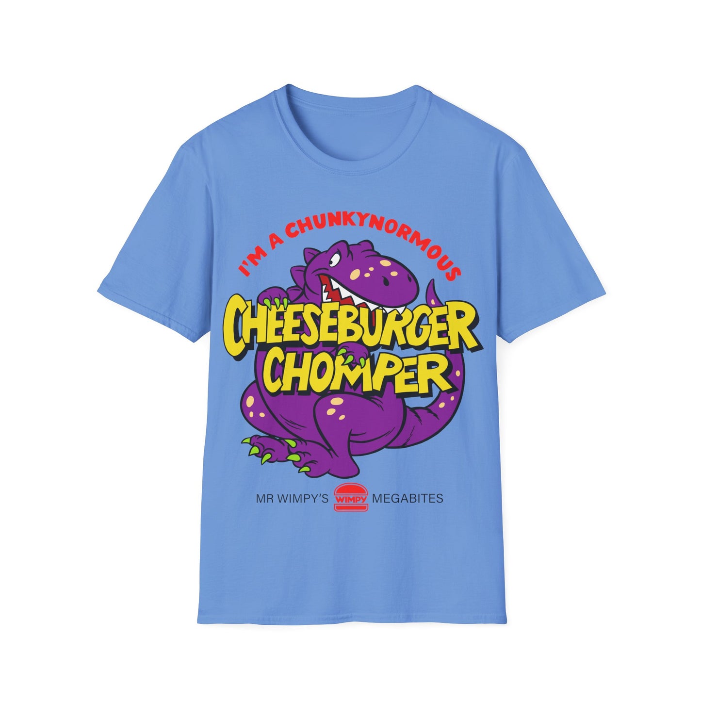 Blue t-shirt with a colourful Dino graphic and I'm A Chunkynormous Cheeseburger Chomper text on a white background