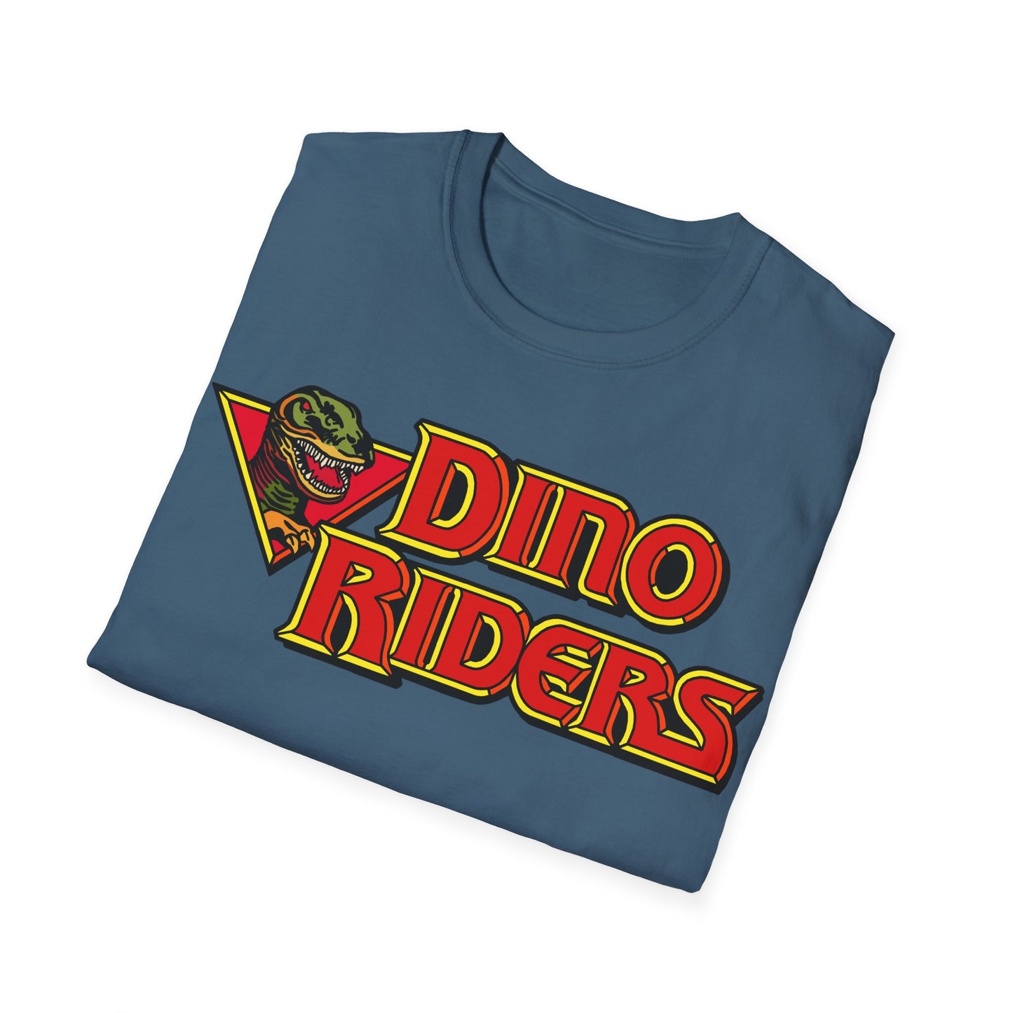 Folded blue t-shirt with 'Dino Riders' graphic on a white background