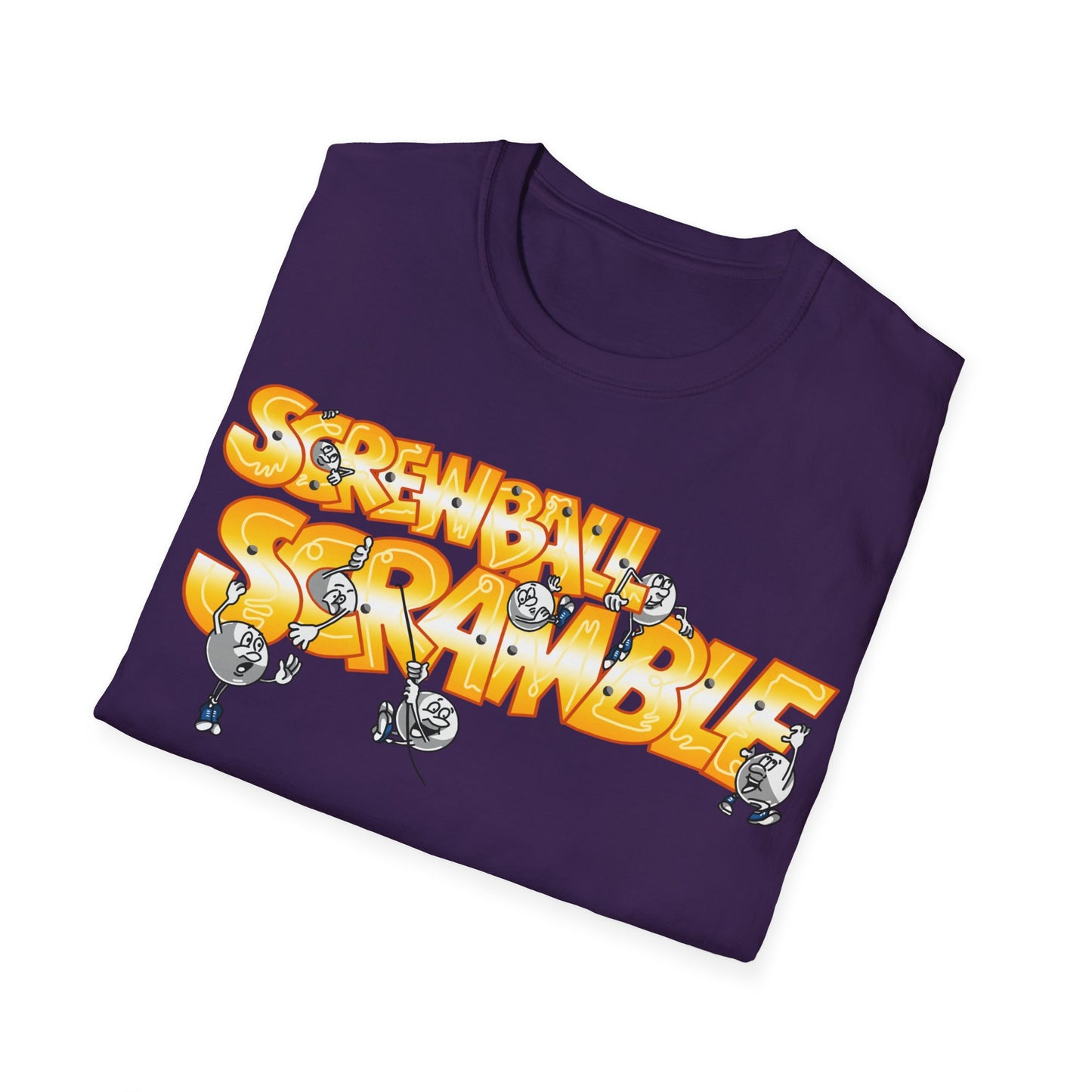 Folded purple t-shirt with 'Screwball Scramble' graphic design on a white background