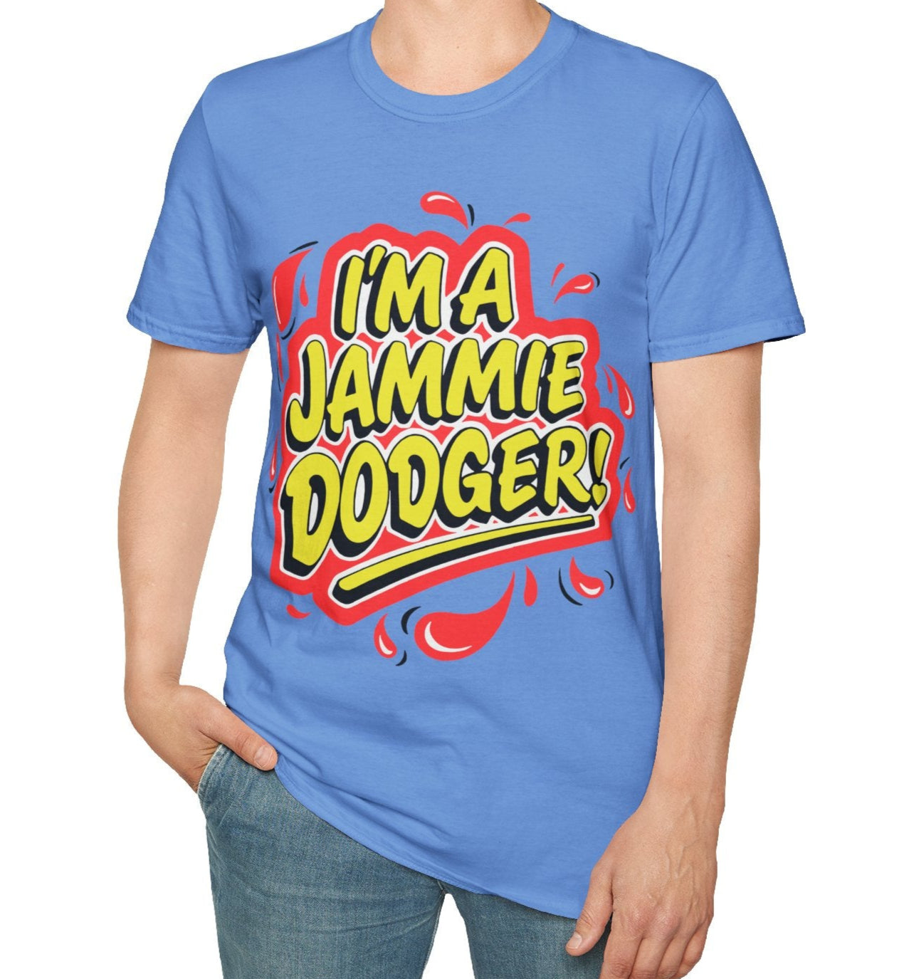 Person wearing a blue t-shirt with 'I'm a Jammie Dodger' text on a white background