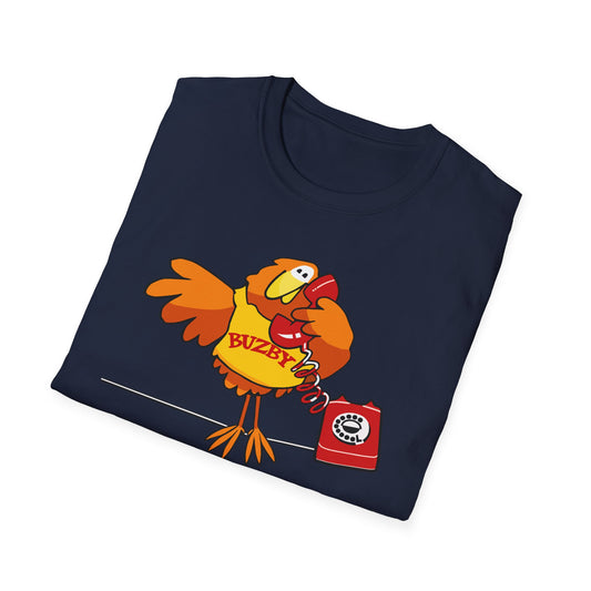 Folded navy blue t-shirt with a cartoon character holding a red phone on a white background