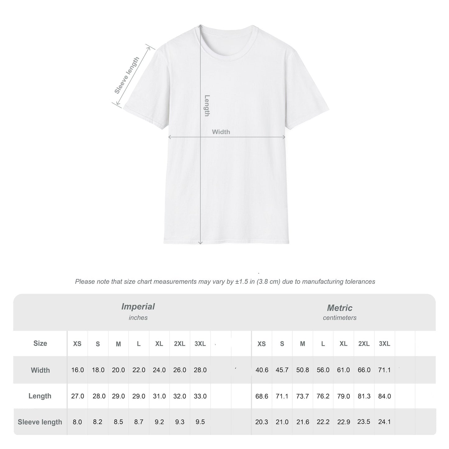 White t-shirt with size chart measurements on a white background