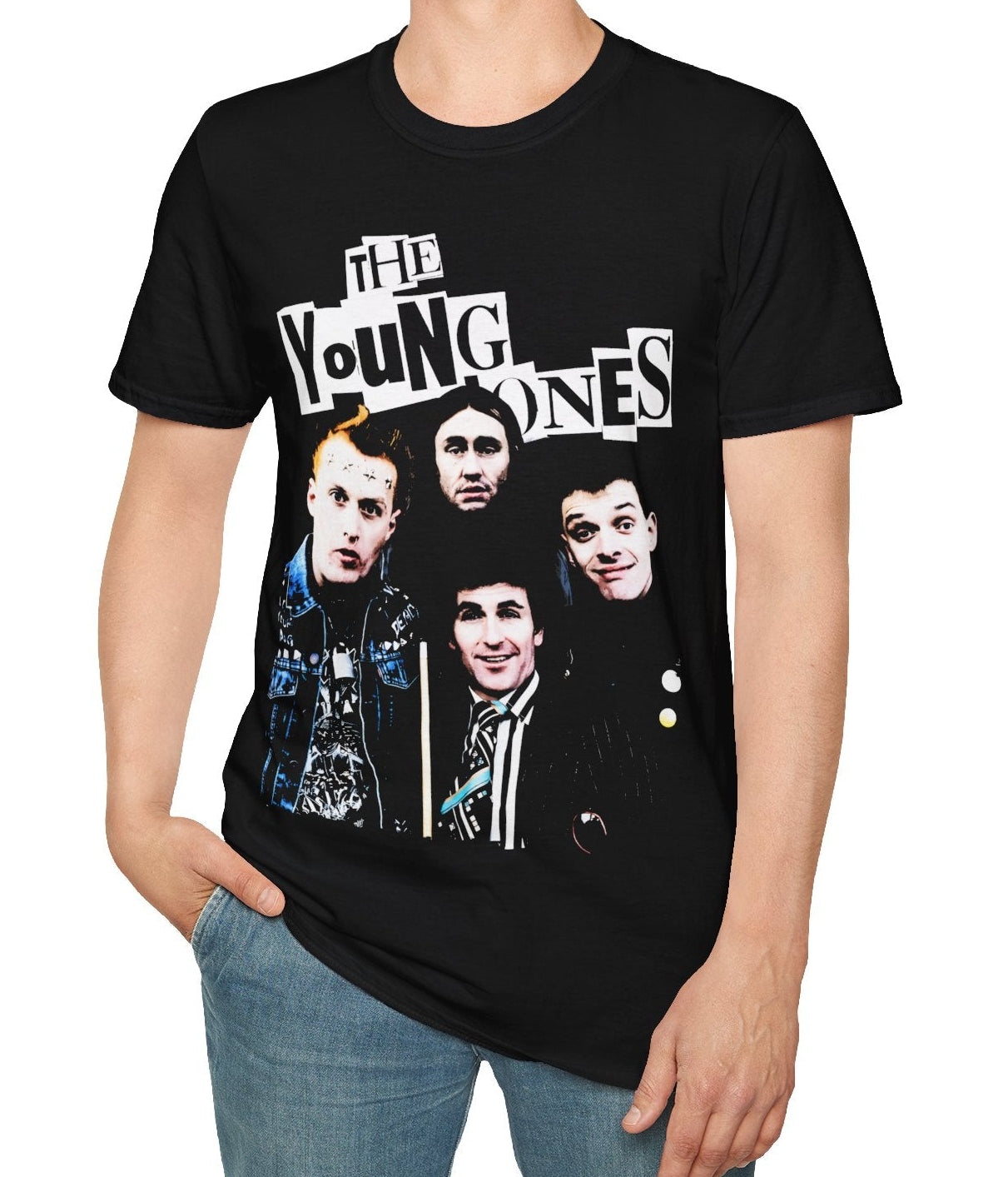 Person wearing a black t-shirt with 'The Young Ones' graphic design on a white background