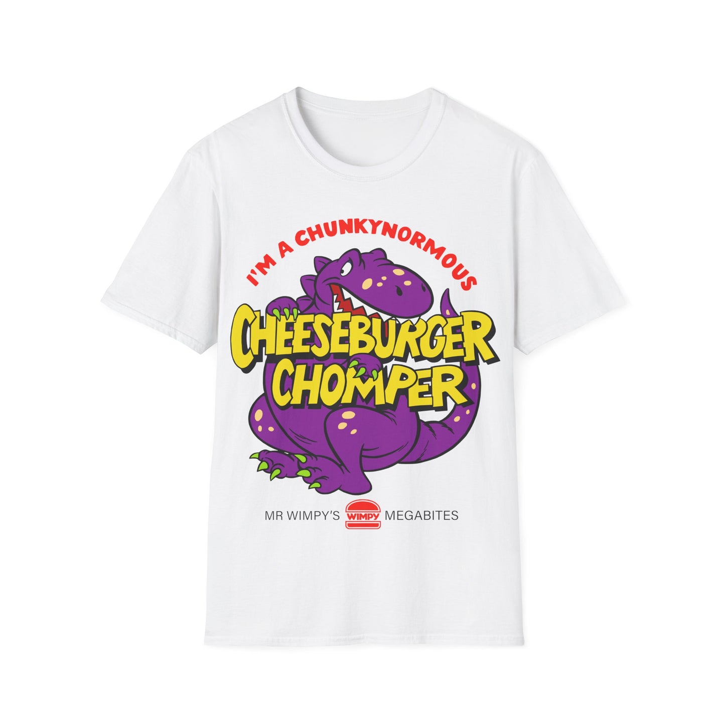 White t-shirt with a colourful Dino graphic and I'm A Chunkynormous Cheeseburger Chomper text on a white background