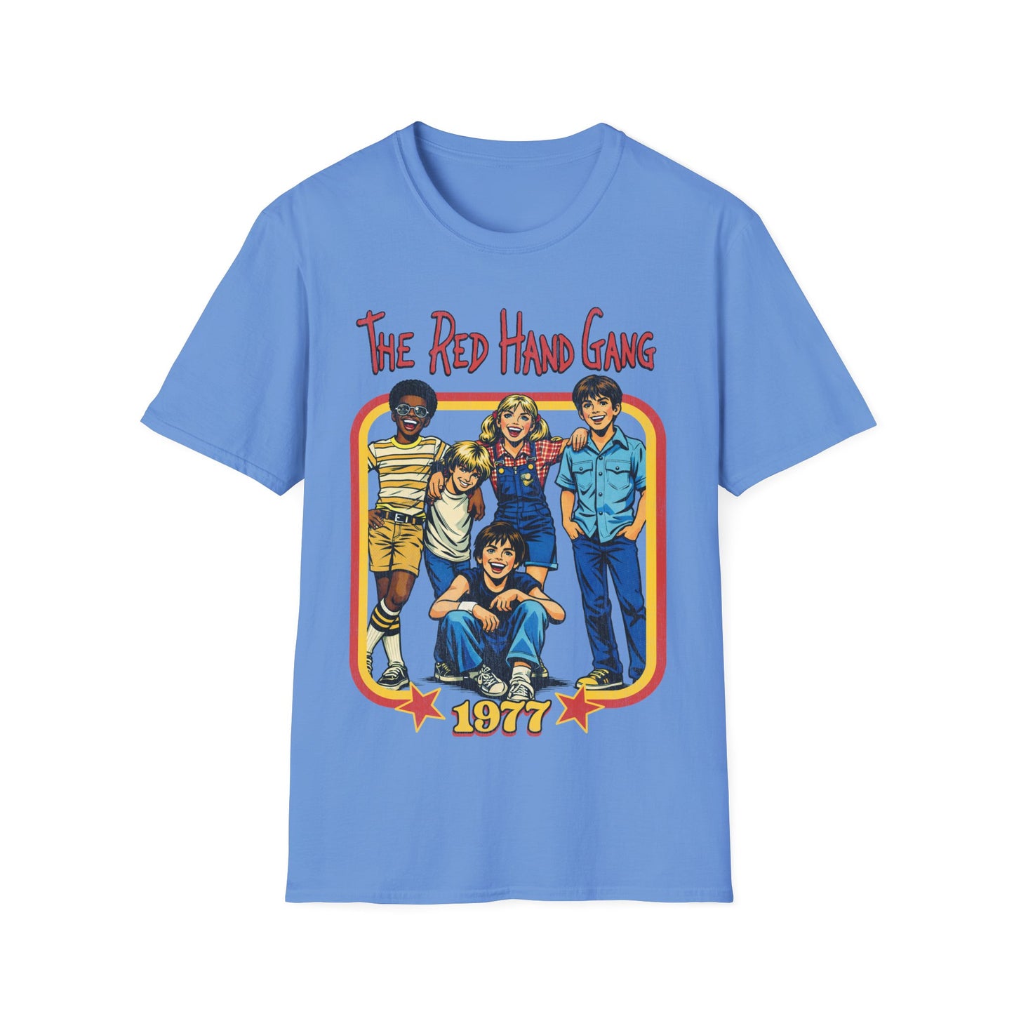 Blue t-shirt with 'The Red Hand Gang' graphic design on a white background