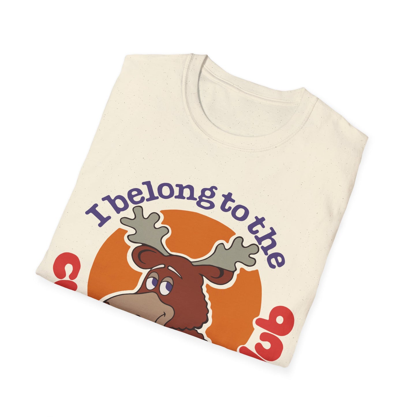 Folded t-shirt with a cartoon moose and text on a white background