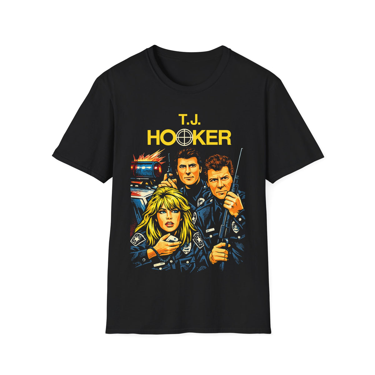 Black short sleeve t-shirt with 'T.J. Hooker' graphic design featuring 80s TV show characters.
