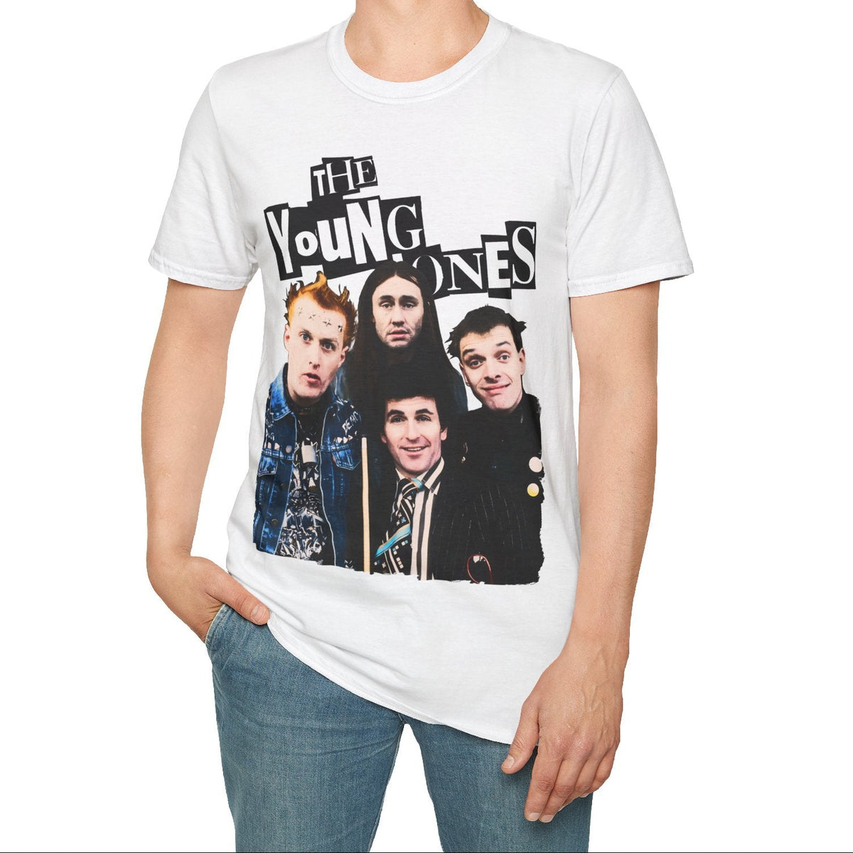 Person wearing a white t-shirt with 'The Young Ones' graphic design on a white background