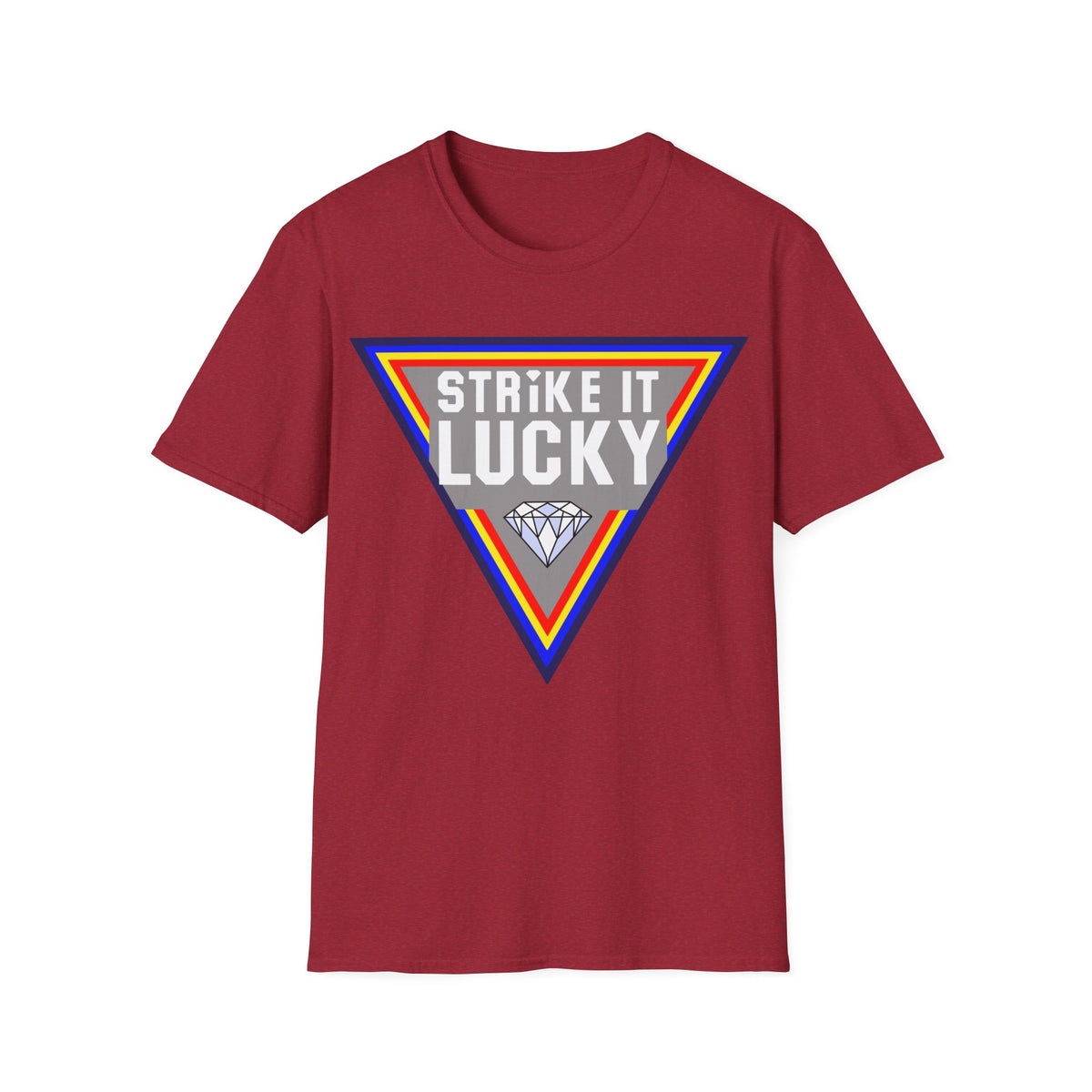 Antique Red t-shirt with 'Strike It Lucky' graphic design