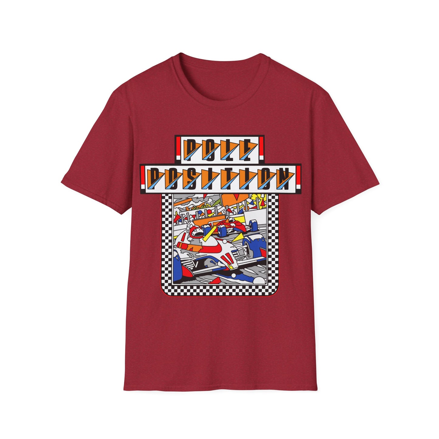 Antique Red t-shirt with a colourful Pole Position gaming graphic design