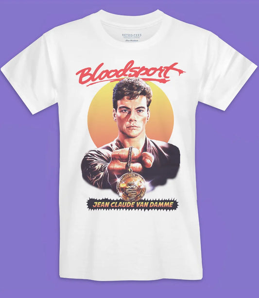 mens unisex white short sleeve crew neck t shirt with Van Damme Bloodsport movie graphics