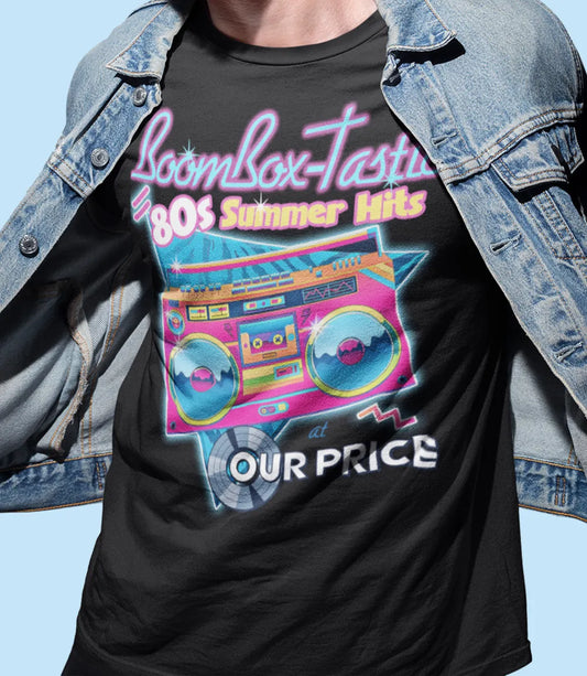 man wearing Vintage black short sleeve t shirt featuring famous forever 80s boombox bright colourful retro design with Boombox-tastic 80s summer hits text in multi colour above boom box design and our price logo below