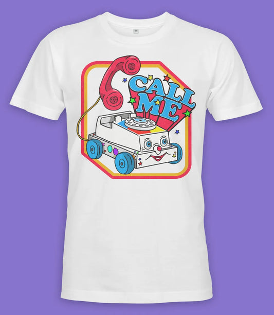 Retro Tees unisex white short sleeve cotton t-shirt featuring vintage classic colourful toy phone with Call Me text surrounded with colour stars, the perfect nostalgic fun gift