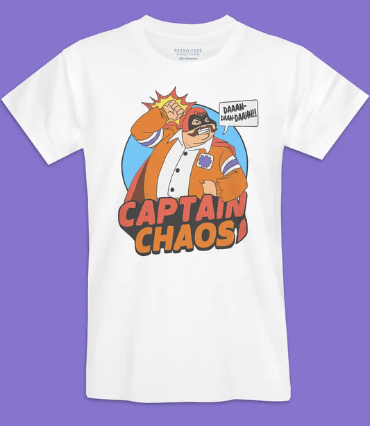retro Tees mens 100% cotton white t shirt featuring Captain Chaos the cannonball Run movie super hero