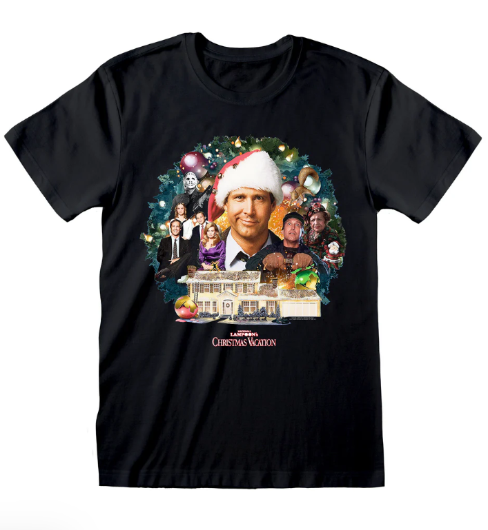 Black t-shirt with 'National Lampoon's Christmas Vacation' graphic design featuring a man in a Santa hat and various characters.