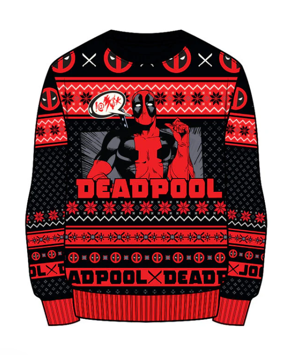 Deadpool-themed sweater with red and black pattern on a white background
