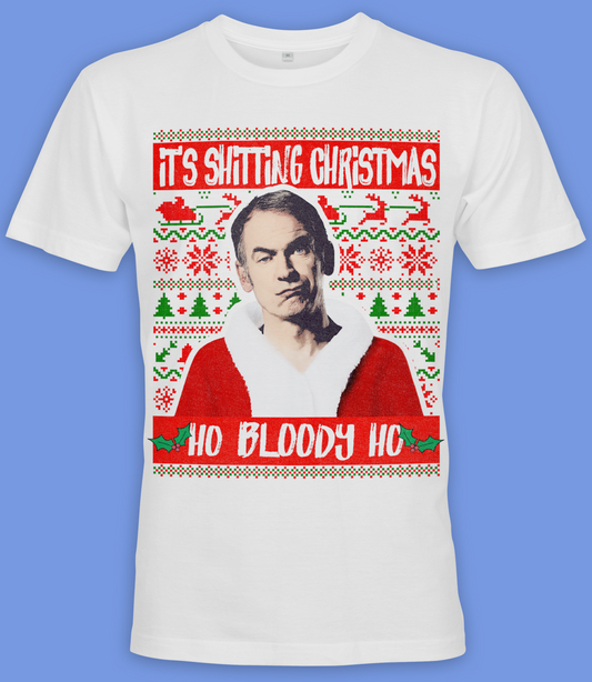 Official licensed short sleeve white t shirt featuring Friday Night Dinner Martin  image and festive design with it's shitting Christmas Ho bloody Ho text, festive Christmas shirt