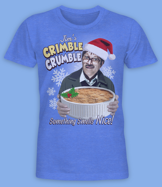 Official licensed short sleeve heather blue t shirt featuring Friday Night Dinner Star Jim wearing a santa hat holding a christmas pie with Jim's Crimble Crumble, Something smells nice! text, festive christmas shirt