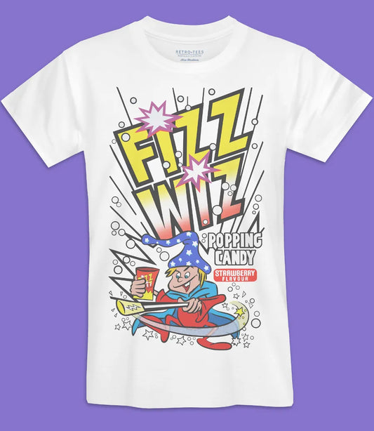 Men's Unisex white t shirt featuring 80s Fizz Wiz text and wizard popping candy graphics