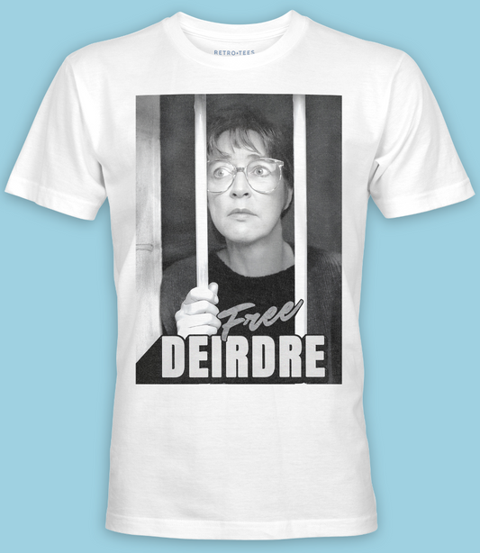 mens white short sleeve t shirt featuring Deirdre Barlow behind bars saying free Deirdre print 