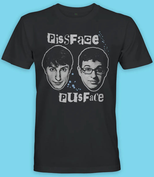 official friday night dinner black short sleeve t shirt featuring pissface, pusface text in white plus jonny & adam heads in grey scale
