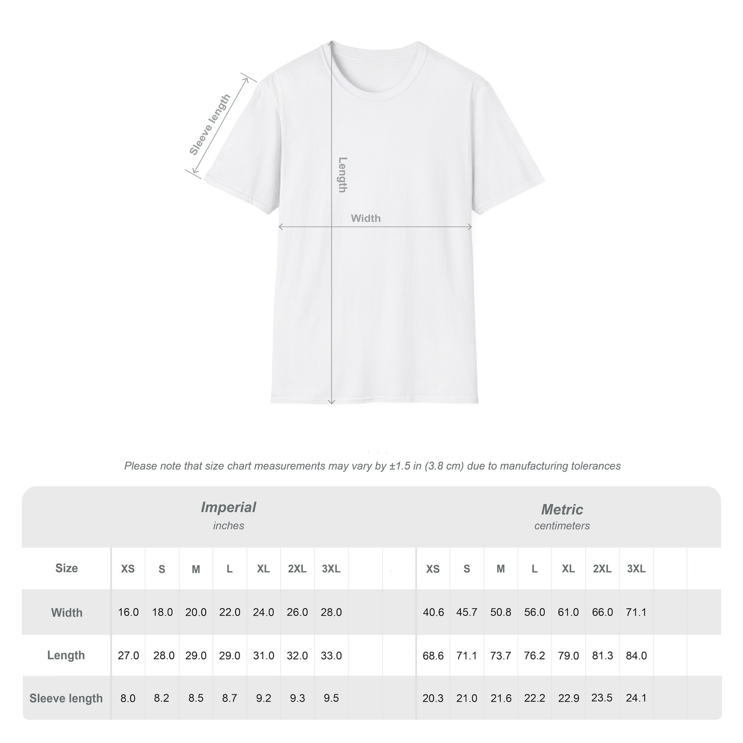 White t-shirt with measurement chart on a white background
