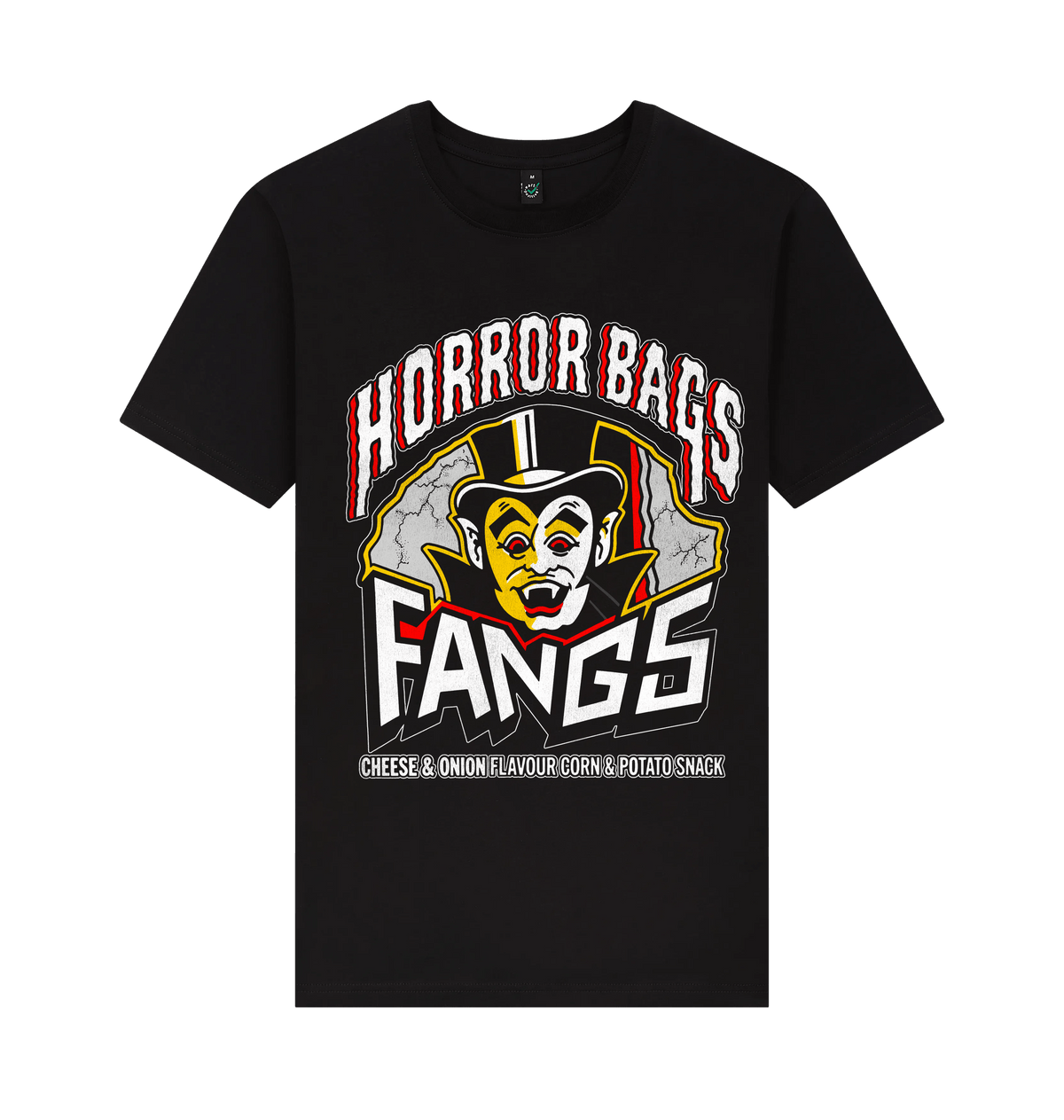 A black short-sleeve graphic t-shirt featuring a large cartoon vampire face and the text 'HORROR BAGS FANGS' with smaller text 'CHEESE & ONION FLAVOUR CORN & POTATO SNACK'.