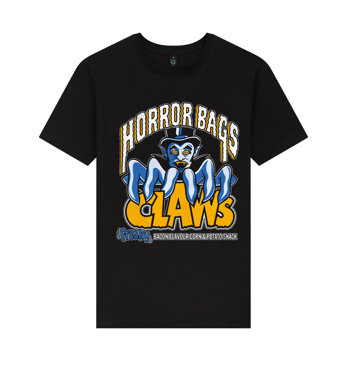 A black short-sleeve crewneck t-shirt featuring a large graphic print on the front. The graphic displays a blue cartoon character wearing a top hat and sunglasses, with the words 'HORROR BAGS' in arched white letters with a black outline above, and 'CLAWS' in bold yellow letters below.