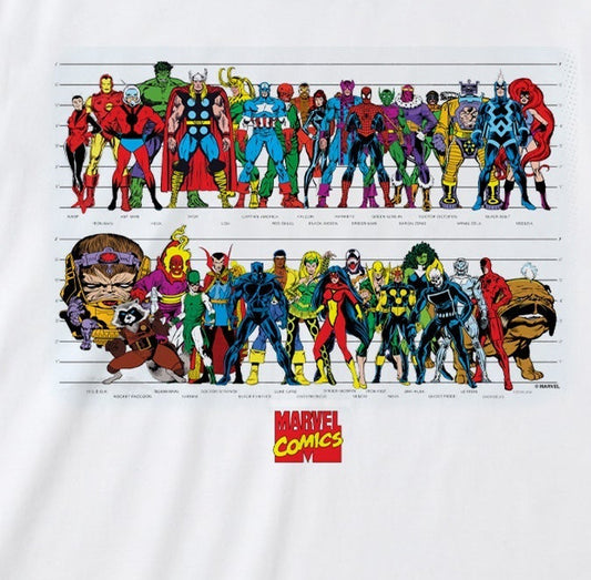 White t-shirt with colorful Marvel superhero graphic on a white background