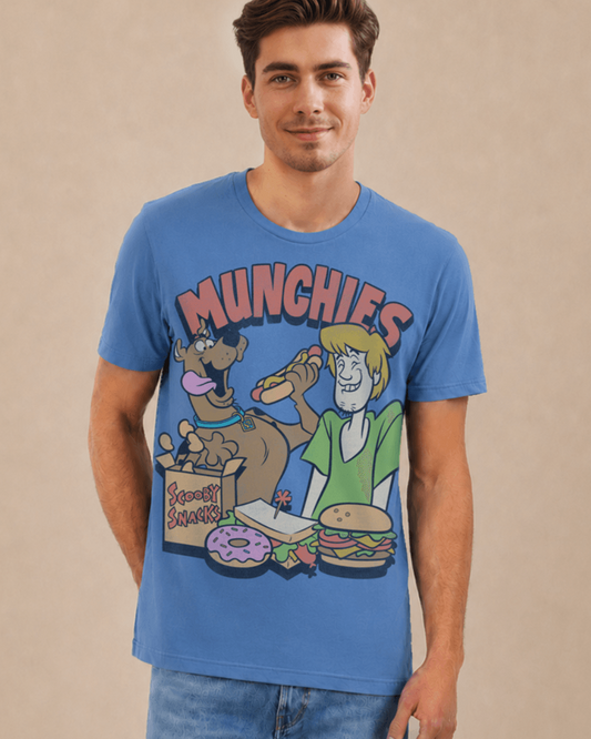 Pearson wearing an Official Scooby Doo Blue t-shirt with cartoon characters Shaggy and Scooby eating Scooby snacks and 'MUNCHIES' text above