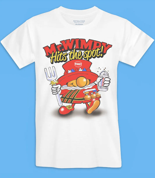 Men's Unisex white t shirt featuring Wimpy character and Mr Wimpy Hits the spot text