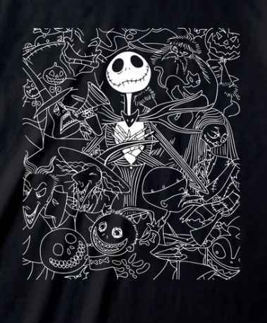 Black t-shirt with white line art design featuring a skeleton character and various elements on a black background.