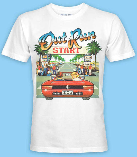 Men's Unisex white t shirt featuring Out Run arcade game graphics