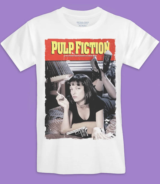 Retro Tees white short sleeve t shirt featuring 90s Pulp Fiction movie poster design
