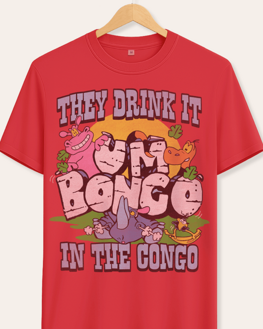 Official Um Bongo Red t-shirt with colorful jungle graphic and text 'They drink it in the Congo' on a off white background.