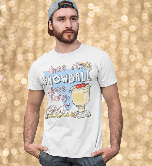 Man wearing Retro Tees unisex short sleeve white t-shirt featuring festive Snowball poster design with Have a Snowball Have a Party text. The perfect festive party drink top
