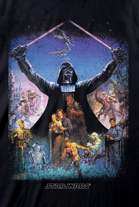 Black t-shirt with Star Wars graphic design featuring Darth Vader and other characters.
