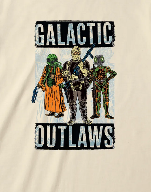 A cream-colored short-sleeve t-shirt with a graphic print of three sci-fi characters and the text 'GALACTIC OUTLAWS' on the front