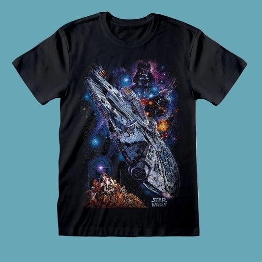 A black short-sleeve crewneck t-shirt featuring a large Star Wars graphic print on the front. The graphic depicts the Millennium Falcon flying through a colorful nebula with Darth Vader in the background and the Star Wars logo printed near the bottom right of the design.