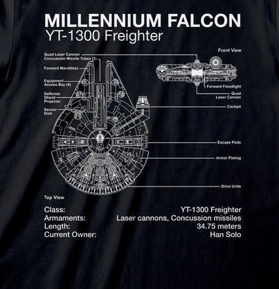A black short-sleeve crewneck t-shirt featuring a white technical blueprint-style graphic of the Millennium Falcon YT-1300 Freighters,