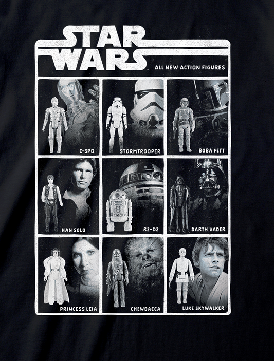 Black t-shirt with Star Wars action figure graphic on a white background